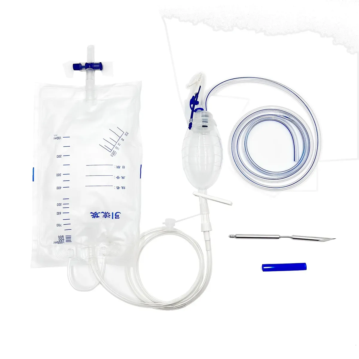 Negative Pressure Wound Drainage Set, Silicone Drain with Suction Bulb, Sterile Single Use