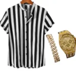 Short Sleeve Shirt For Men - Patterned And Wrist Watch Bundle