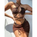3 Pieces Mesh Skirt Swimsuit Women Halter Micro Bikini High