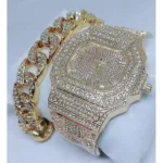 Men Non Tarnish Gold Watch + Cuban Handchain