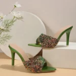 2024 Summer New Fashion Elegant Sequin Green Stiletto Sandals Pointed Toe Thin High Heels Women Slippers - Image 2