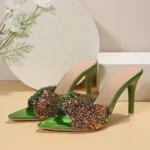 2024 Summer New Fashion Elegant Sequin Green Stiletto Sandals Pointed Toe Thin High Heels Women Slippers - Image 3
