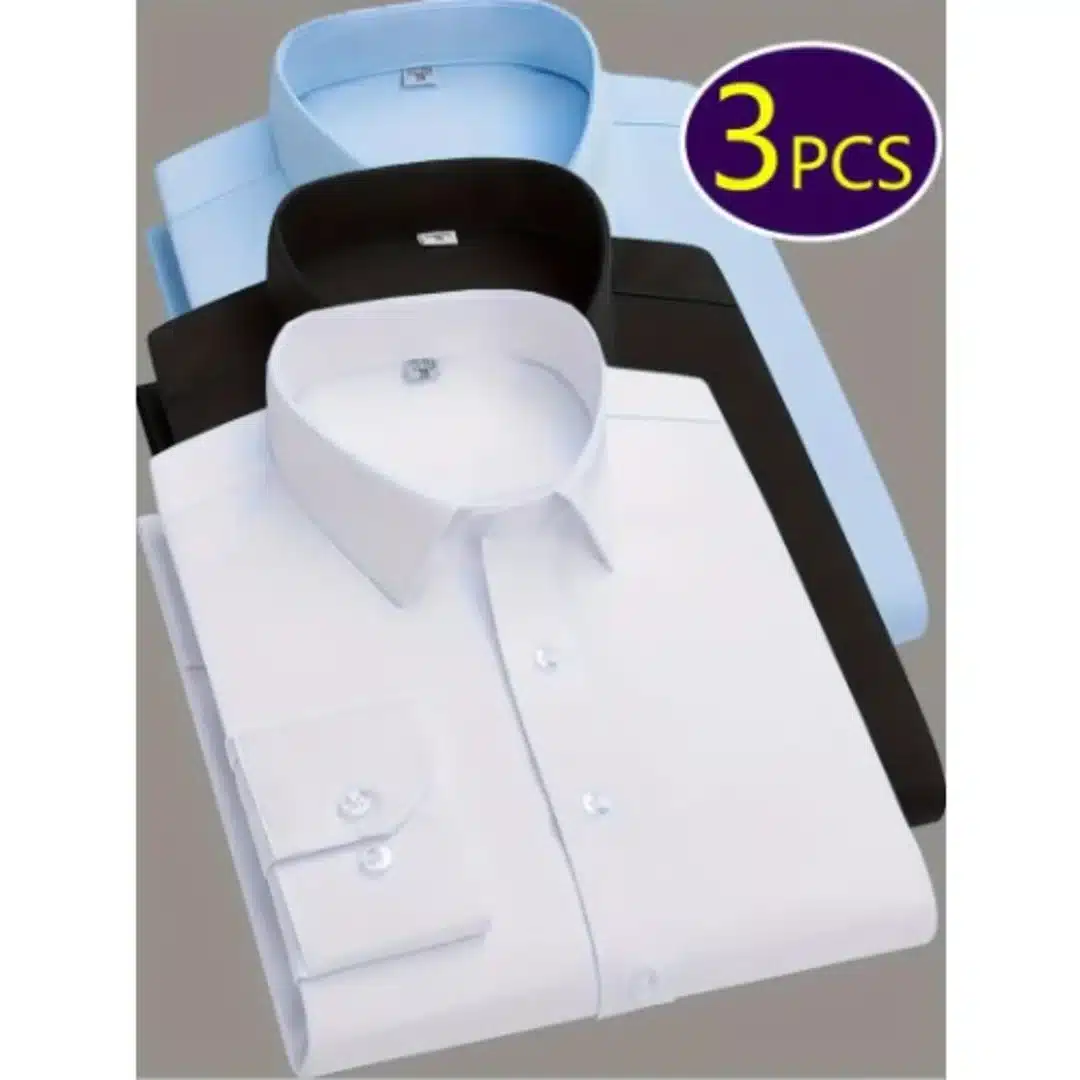 174805_1736941608 3pcs Men's Solid Color Lapel Collar Design Dress Shirts, Long Sleeve Button Up Shirt white/blue/black - Image 1